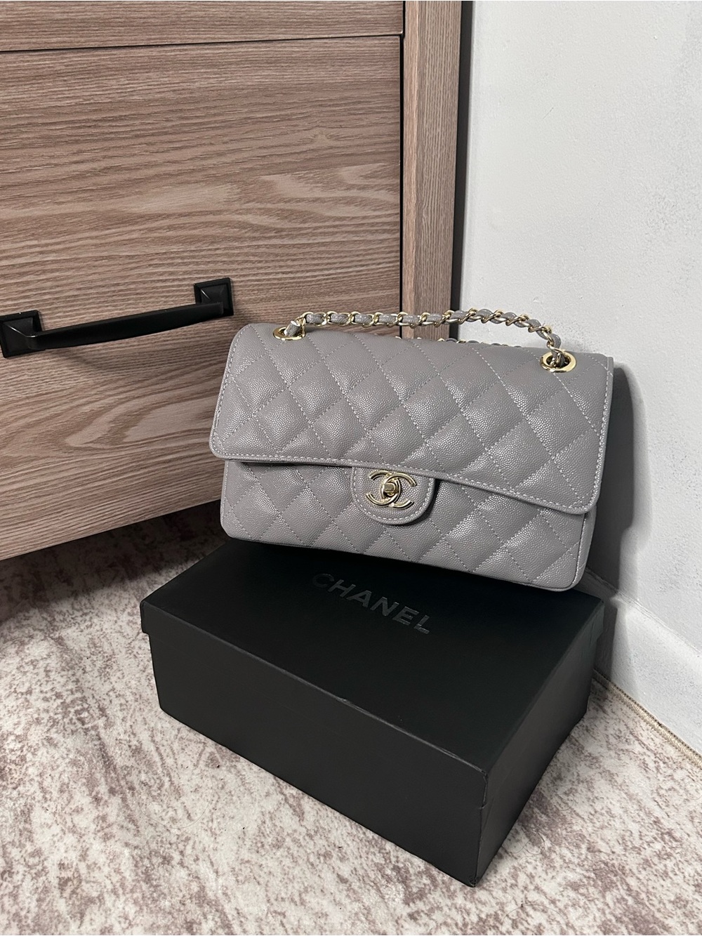 CHANEL Quilted Shoulder Bag in Light Gray with Gold Hardware
